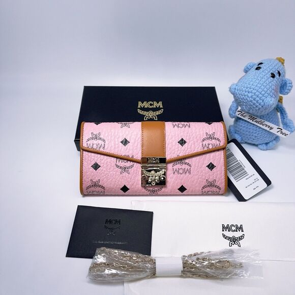 MCM Large Two-Fold Crossbody Wallet On Chain Clutch Crossbody Visetos Soft Pink - Picture 1 of 16